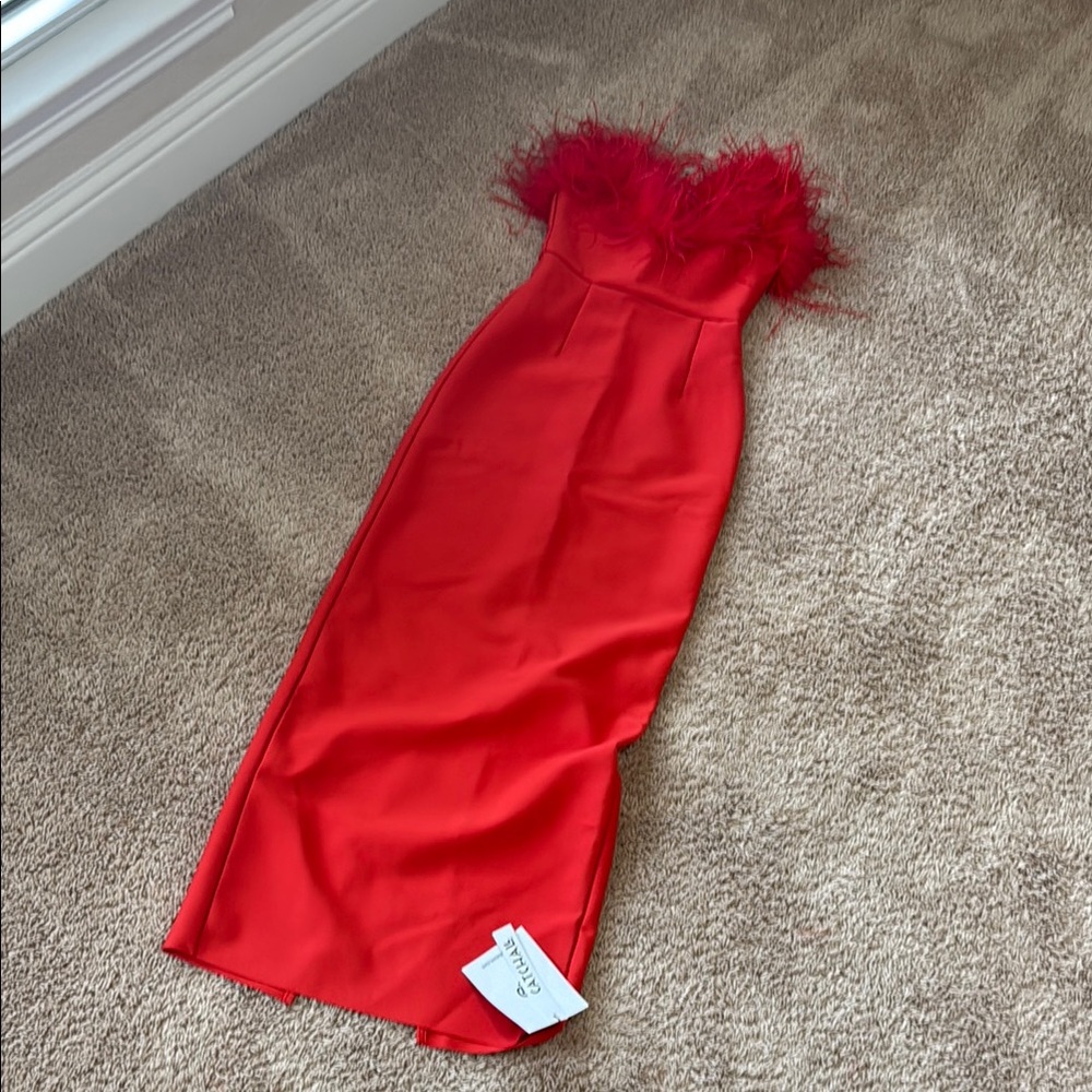 Red Feather Trim Strapless Dress